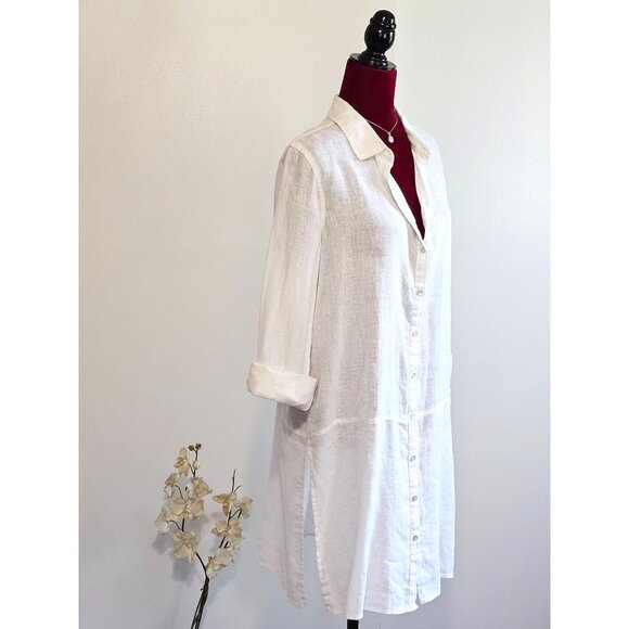 Tahari Women's White Linen Roll Tab Sleeve Collared Button-Front Top Sz L 2261 - Picture 5 of 12